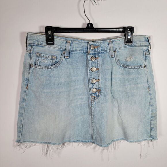 Aero High Rise Denim Mini Skirt Women's 12 Blue Button Fly Frayed Hem 5-Pocket - Picture 1 of 6